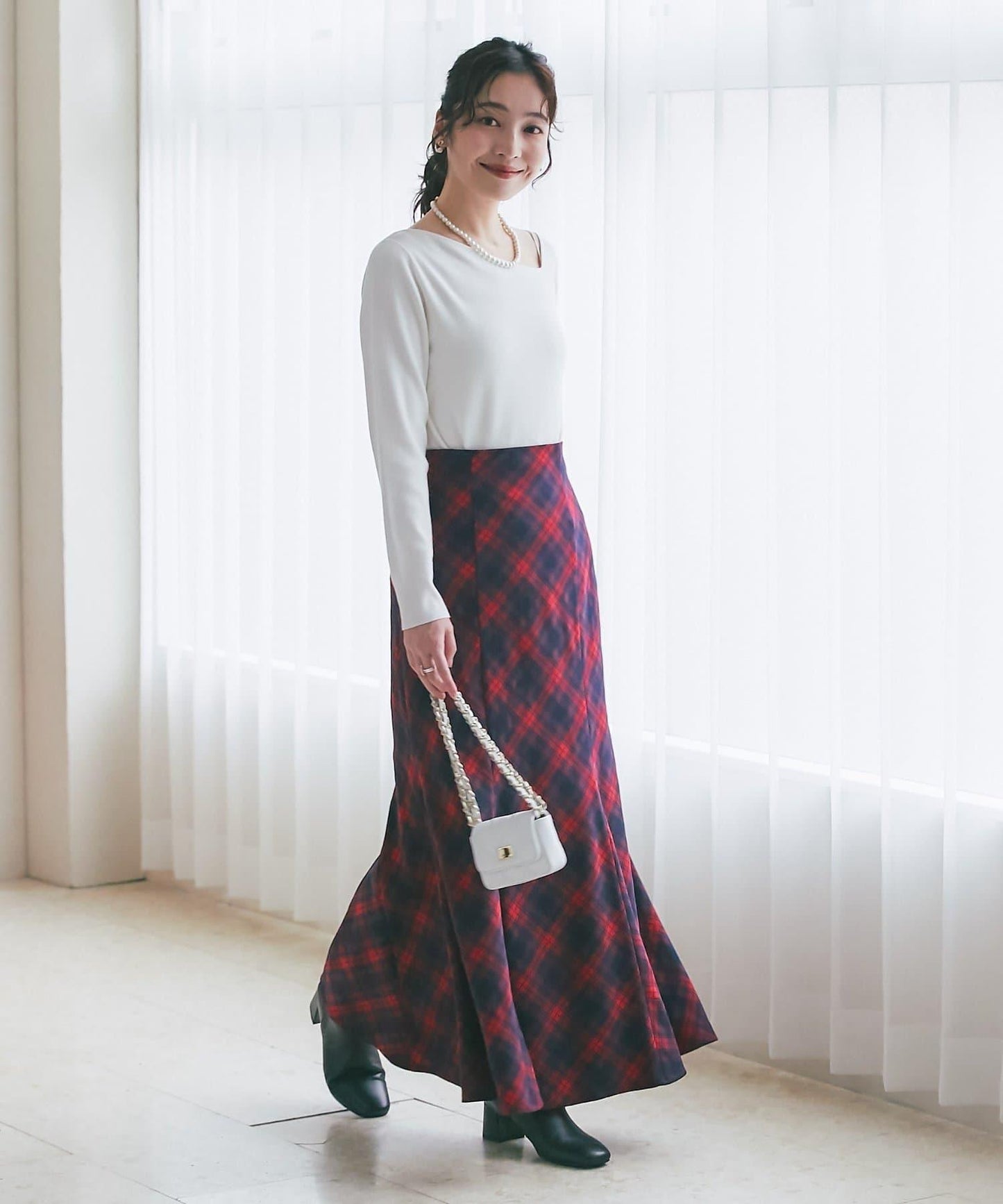 後繫帶格紋半身裙