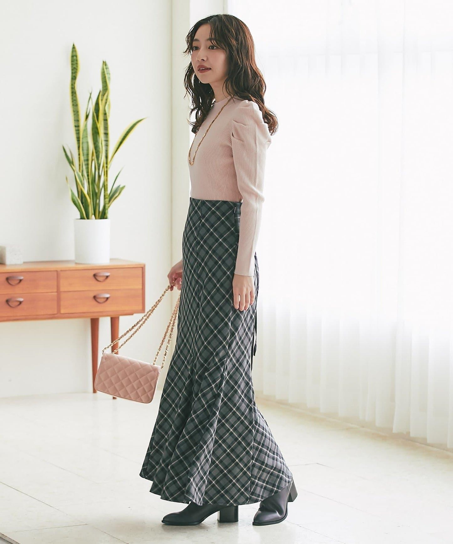 後繫帶格紋半身裙