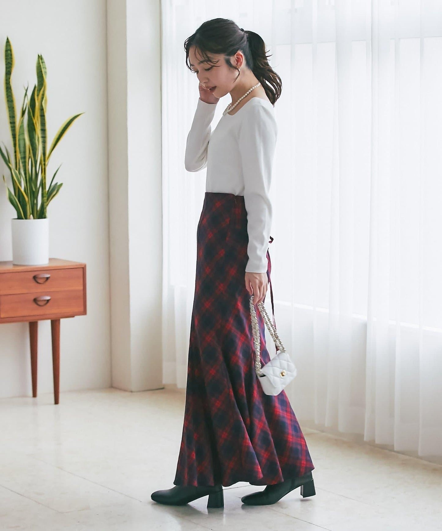 後繫帶格紋半身裙