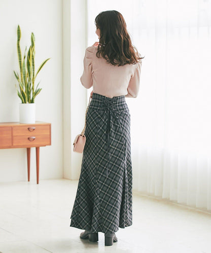 後繫帶格紋半身裙