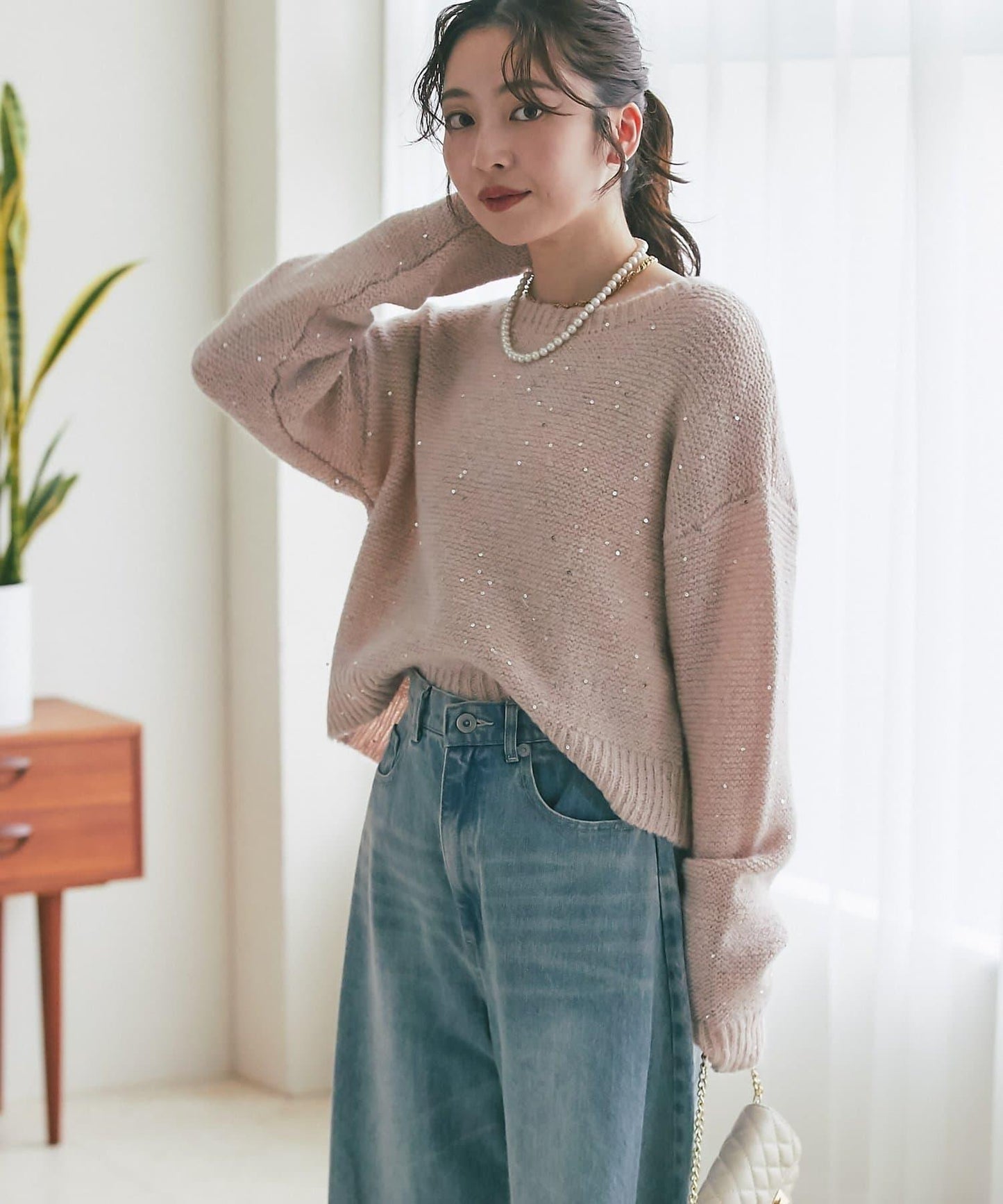 スパンコールモヘアボートネックニット