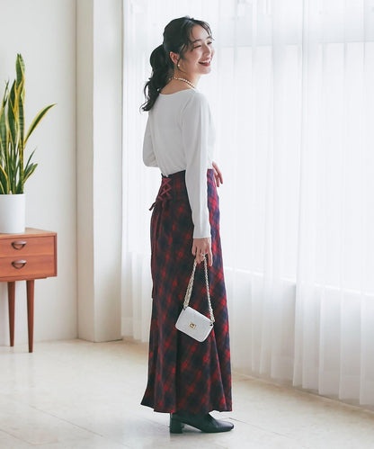 後繫帶格紋半身裙