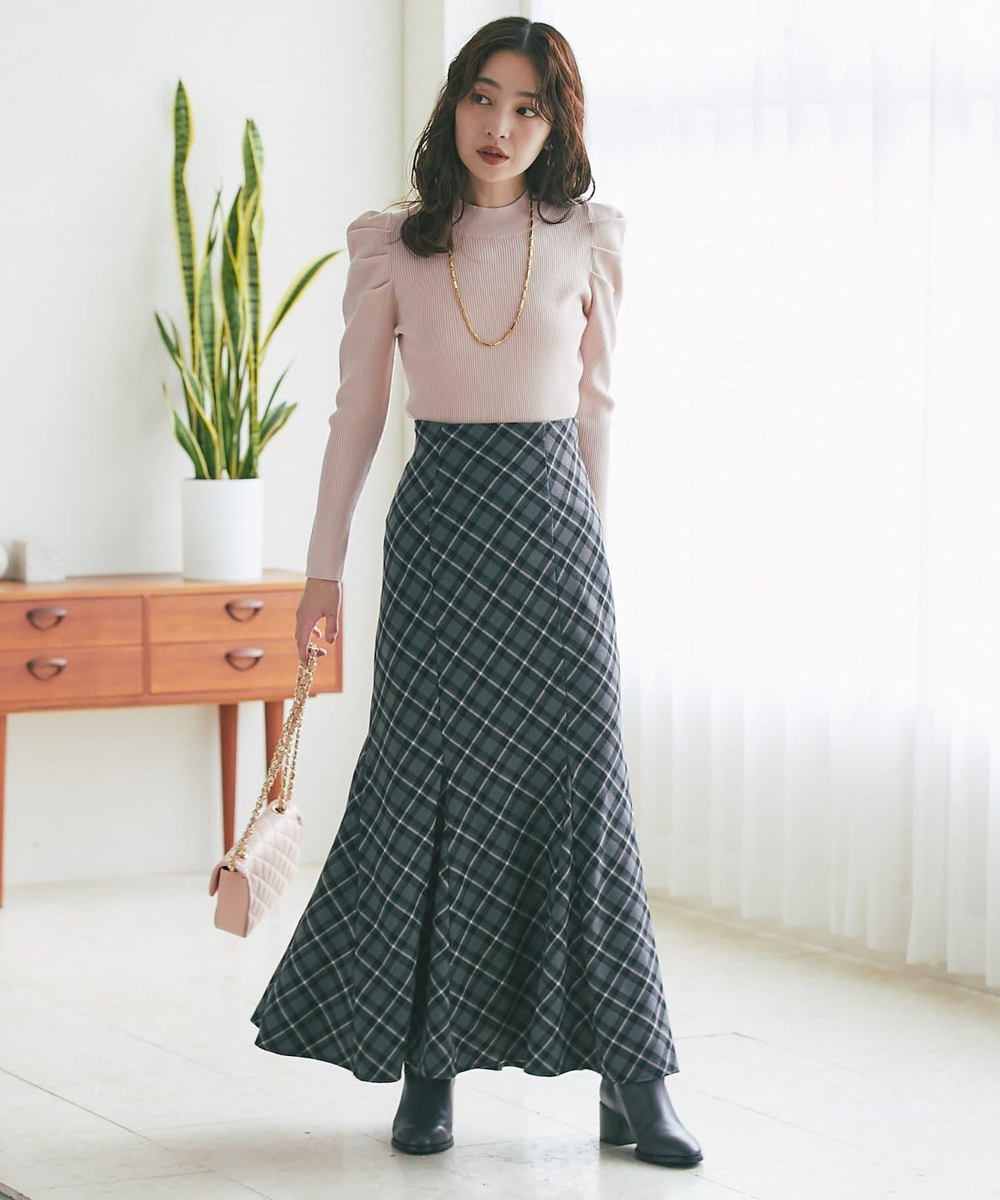 後繫帶格紋半身裙