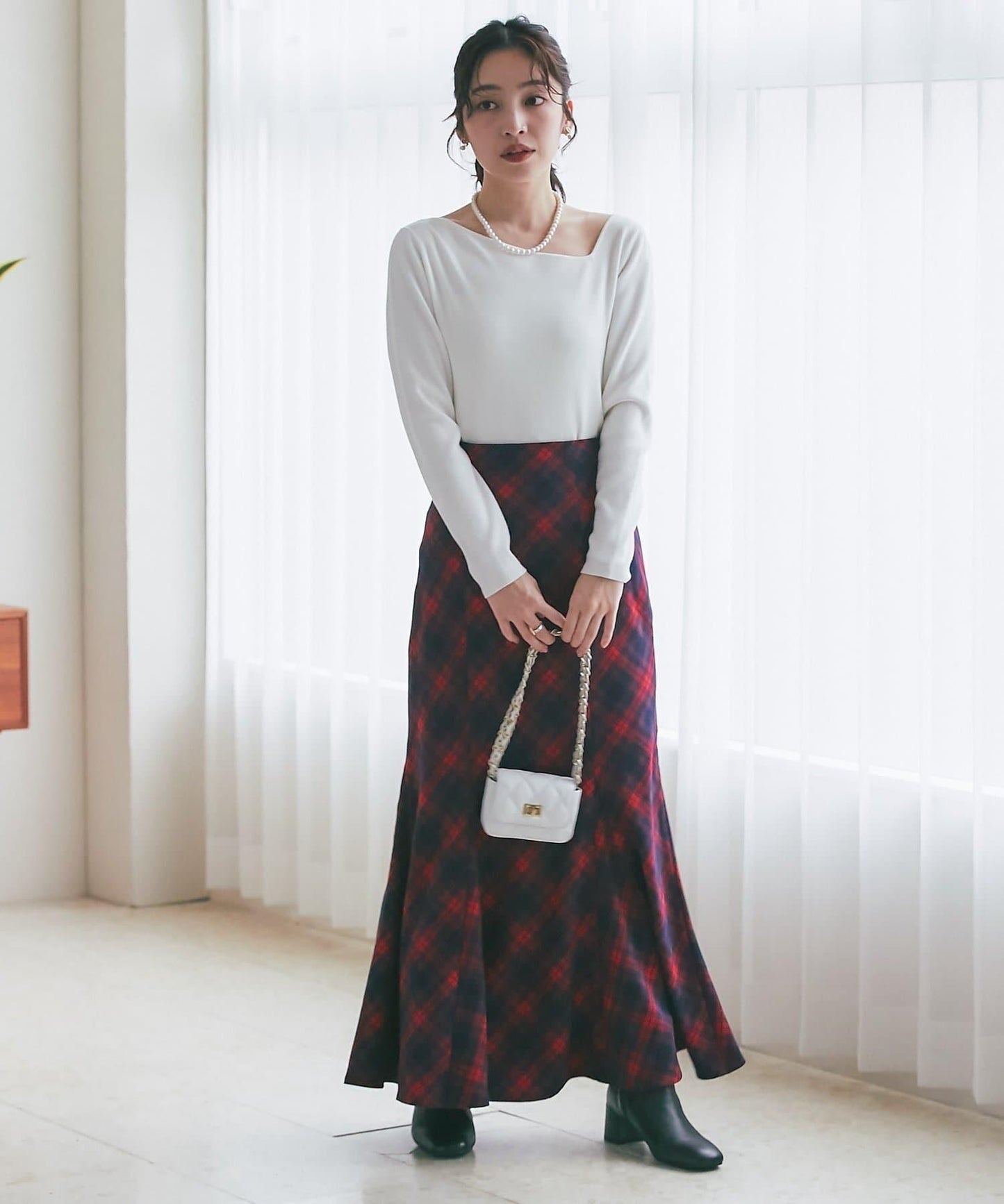 後繫帶格紋半身裙