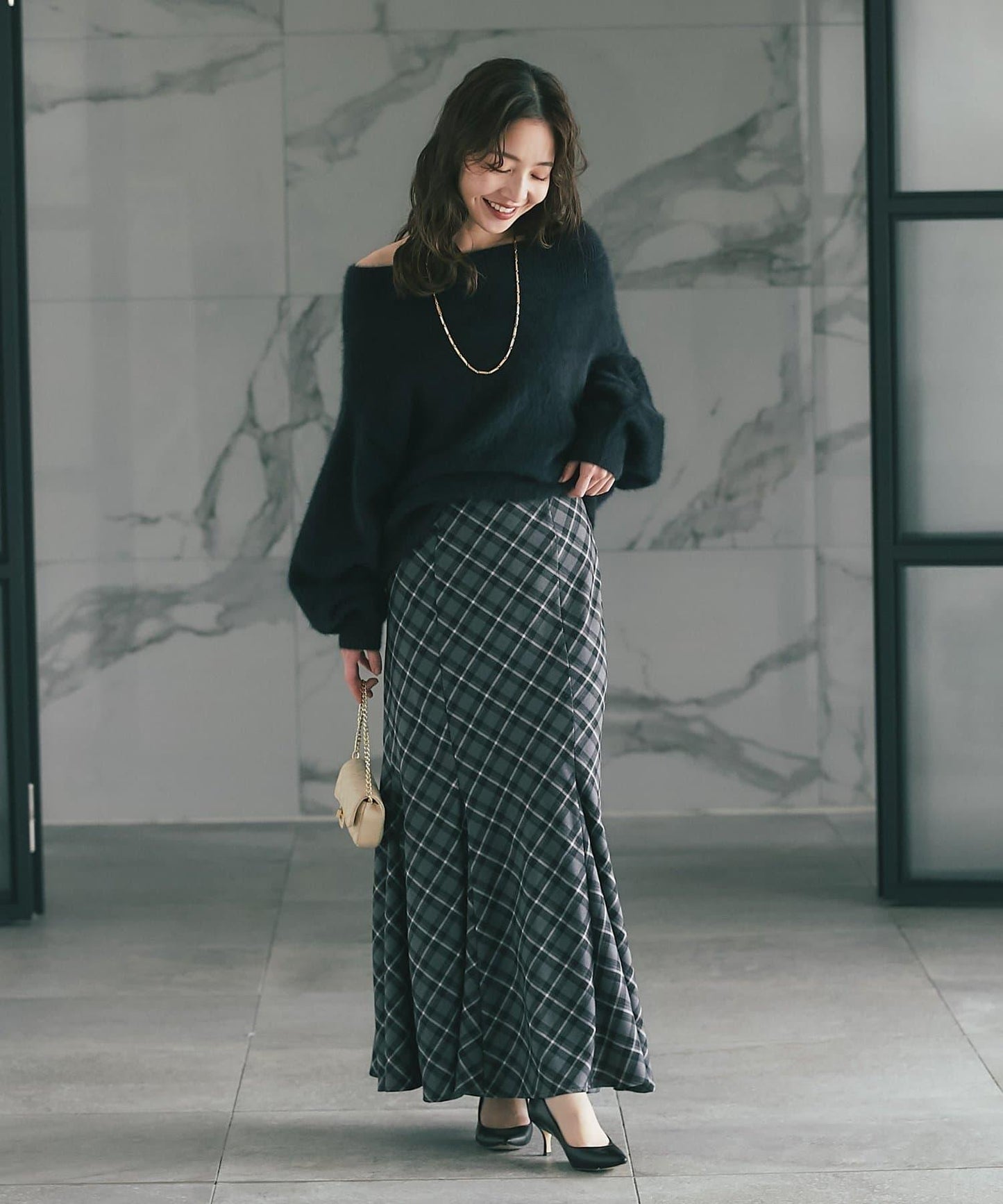 後繫帶格紋半身裙