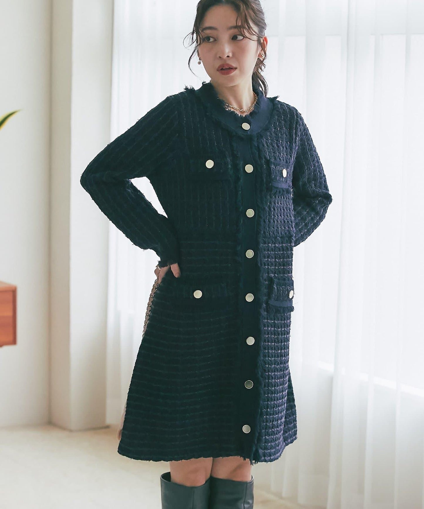 ファンシーツイードニットミニワンピース