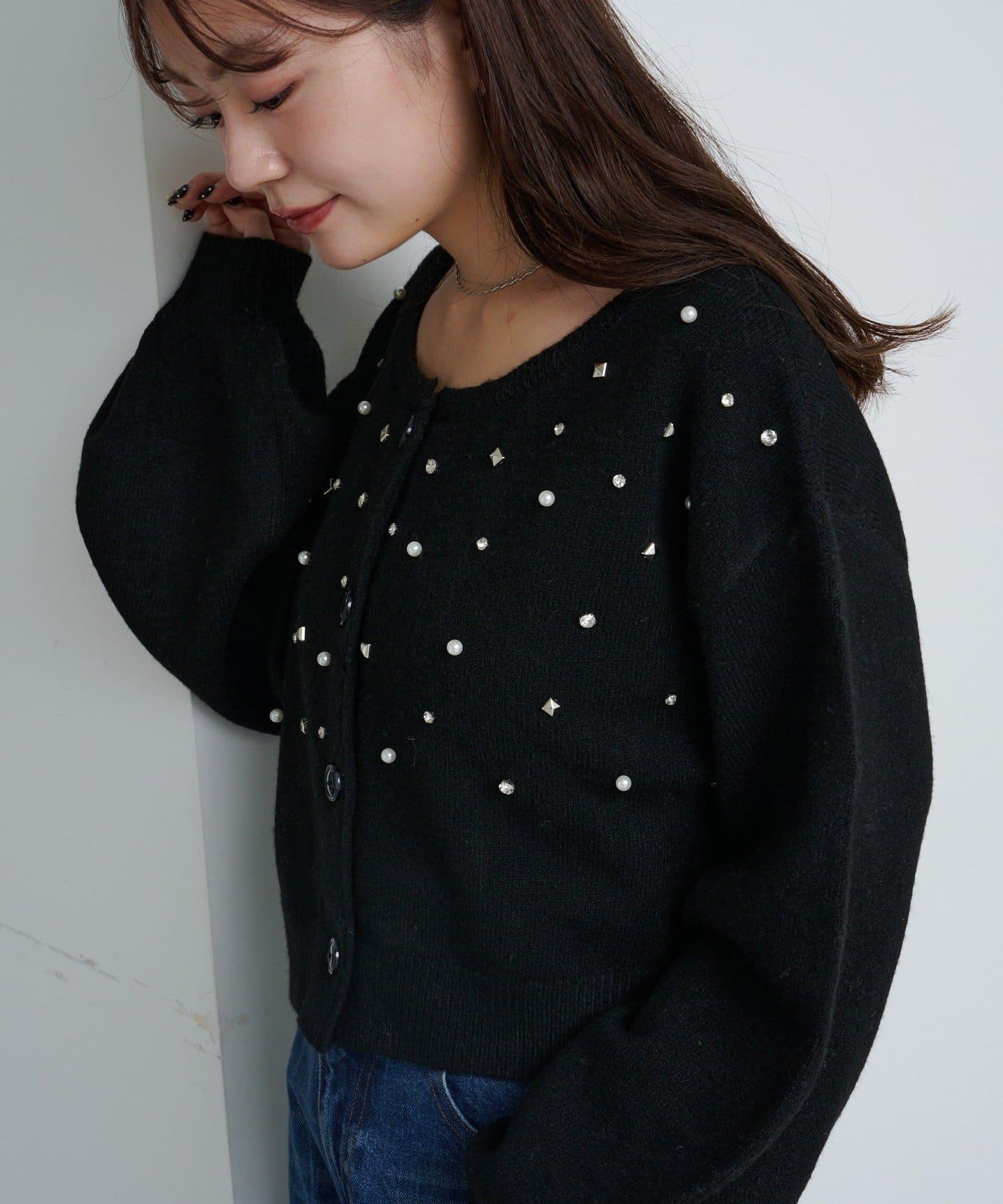 拼色珠飾針織開衫