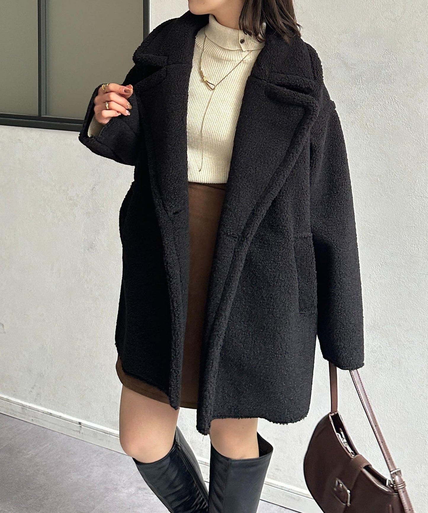 F羊羔絨中長款雙排扣大衣