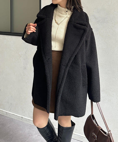 F羊羔絨中長款雙排扣大衣