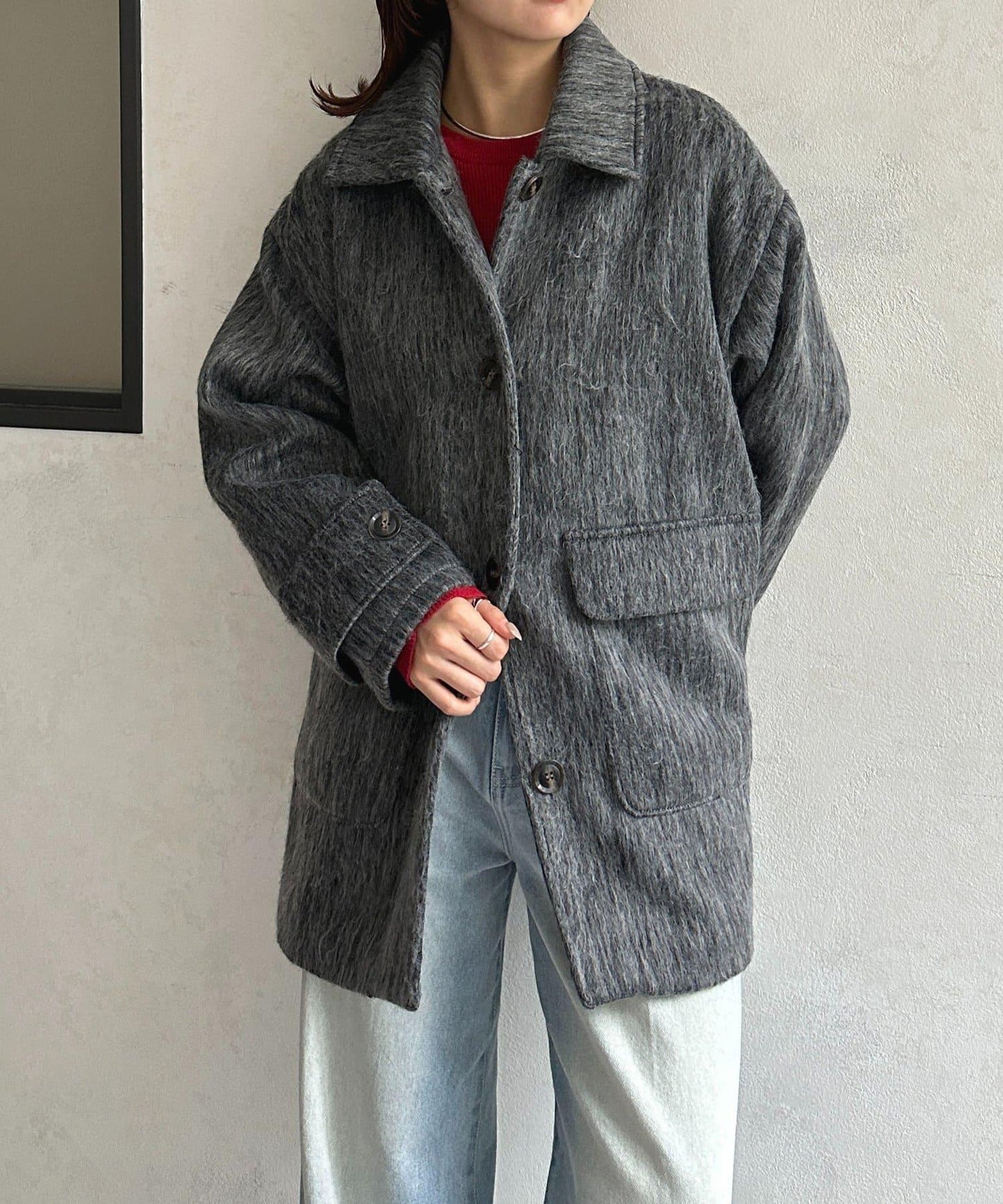 翻領長毛中長款大衣