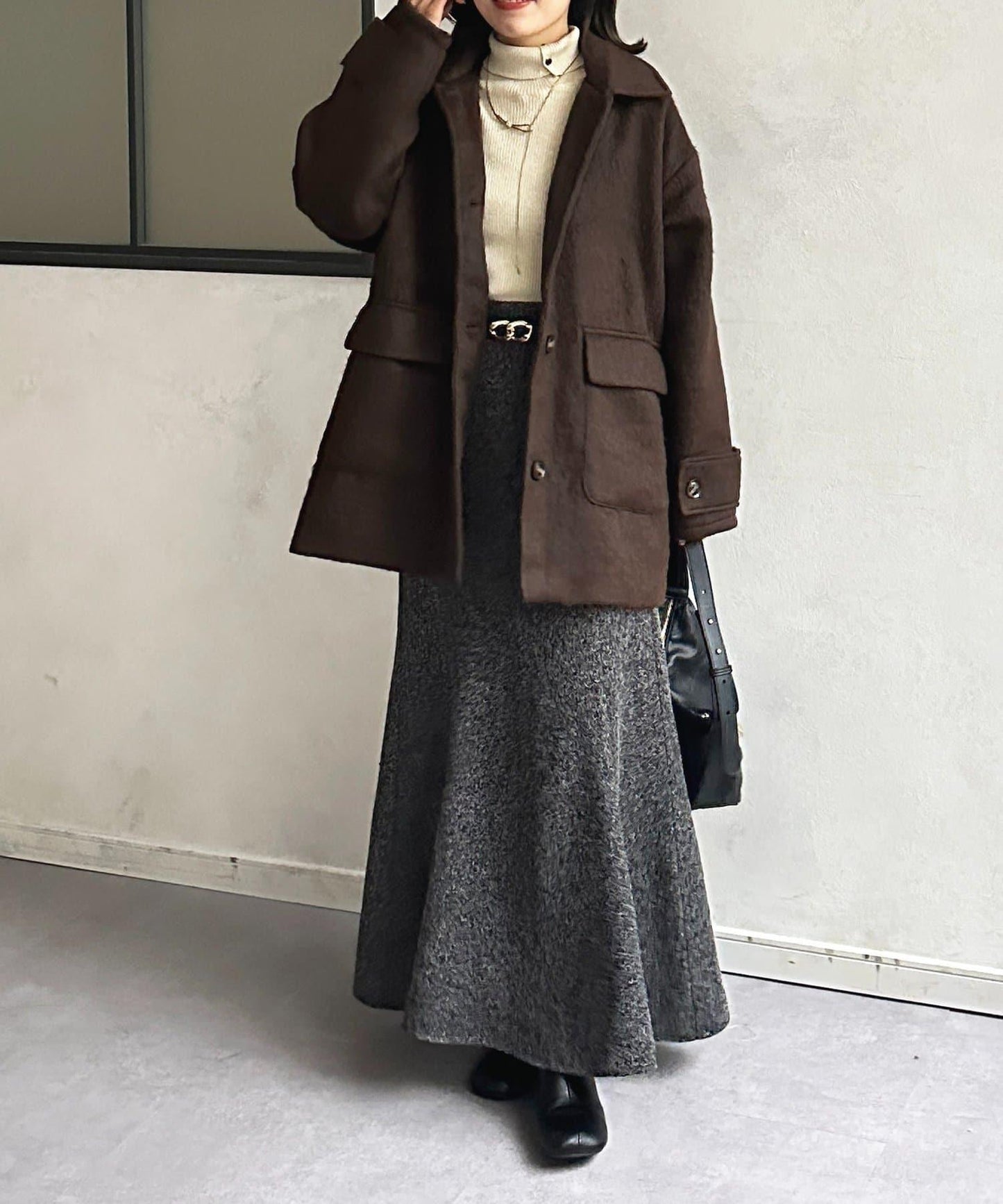 翻領長毛中長款大衣