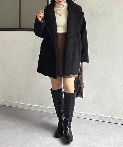 F羊羔絨中長款雙排扣大衣