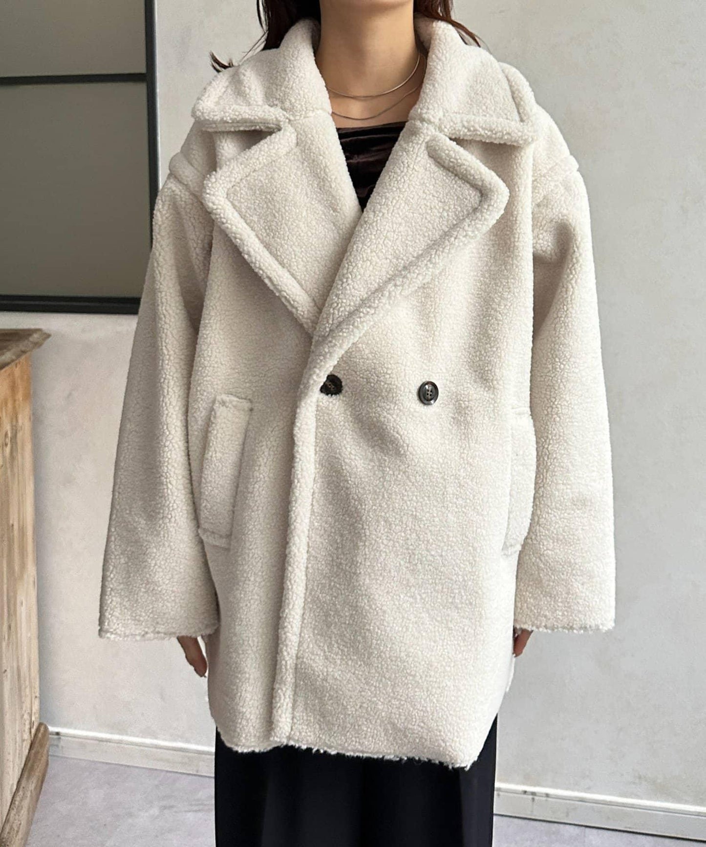 F羊羔絨中長款雙排扣大衣