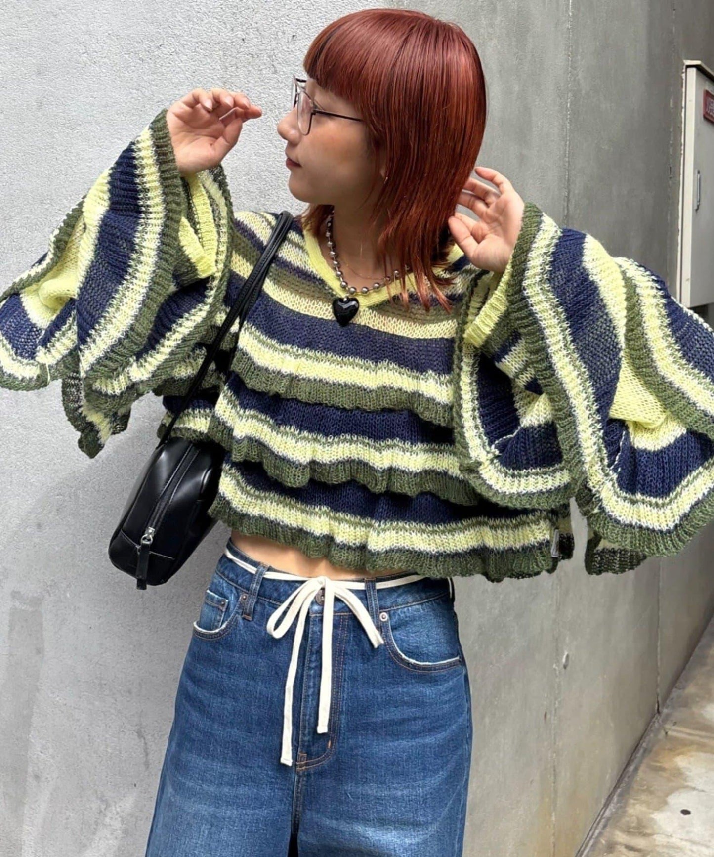 ★【HELLO.SANFRANCISCO/ハローサンフランシスコ】多色條紋透視荷葉邊針織衫