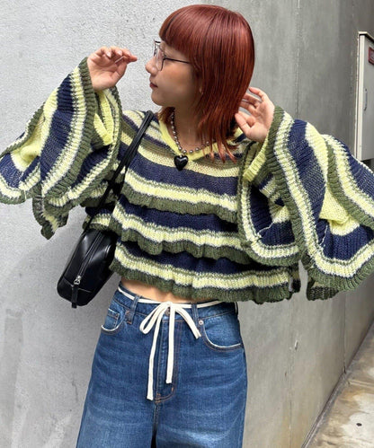 ★【HELLO.SANFRANCISCO/ハローサンフランシスコ】多色條紋透視荷葉邊針織衫