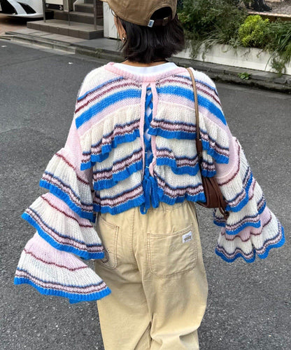 ★【HELLO.SANFRANCISCO/ハローサンフランシスコ】多色條紋透視荷葉邊針織衫