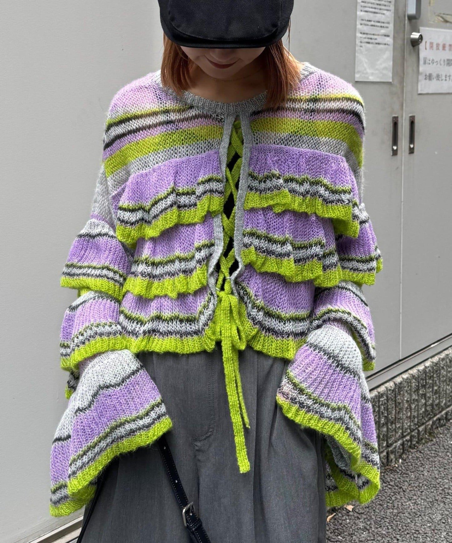 ★【HELLO.SANFRANCISCO/ハローサンフランシスコ】多色條紋透視荷葉邊針織衫