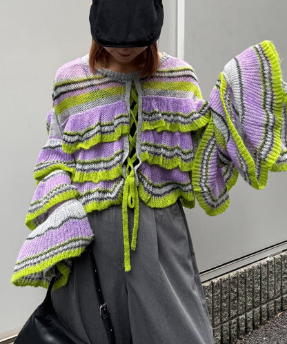 ★【HELLO.SANFRANCISCO/ハローサンフランシスコ】多色條紋透視荷葉邊針織衫