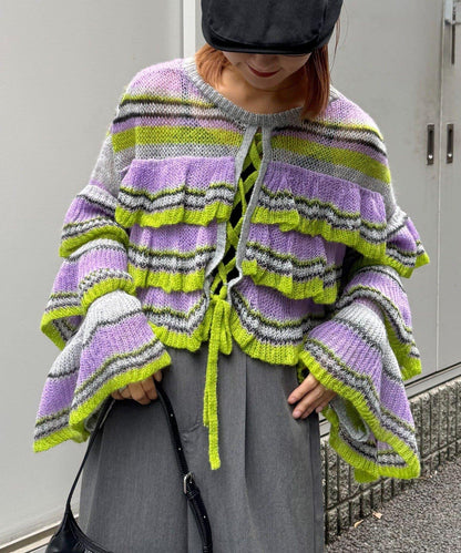 ★【HELLO.SANFRANCISCO/ハローサンフランシスコ】多色條紋透視荷葉邊針織衫