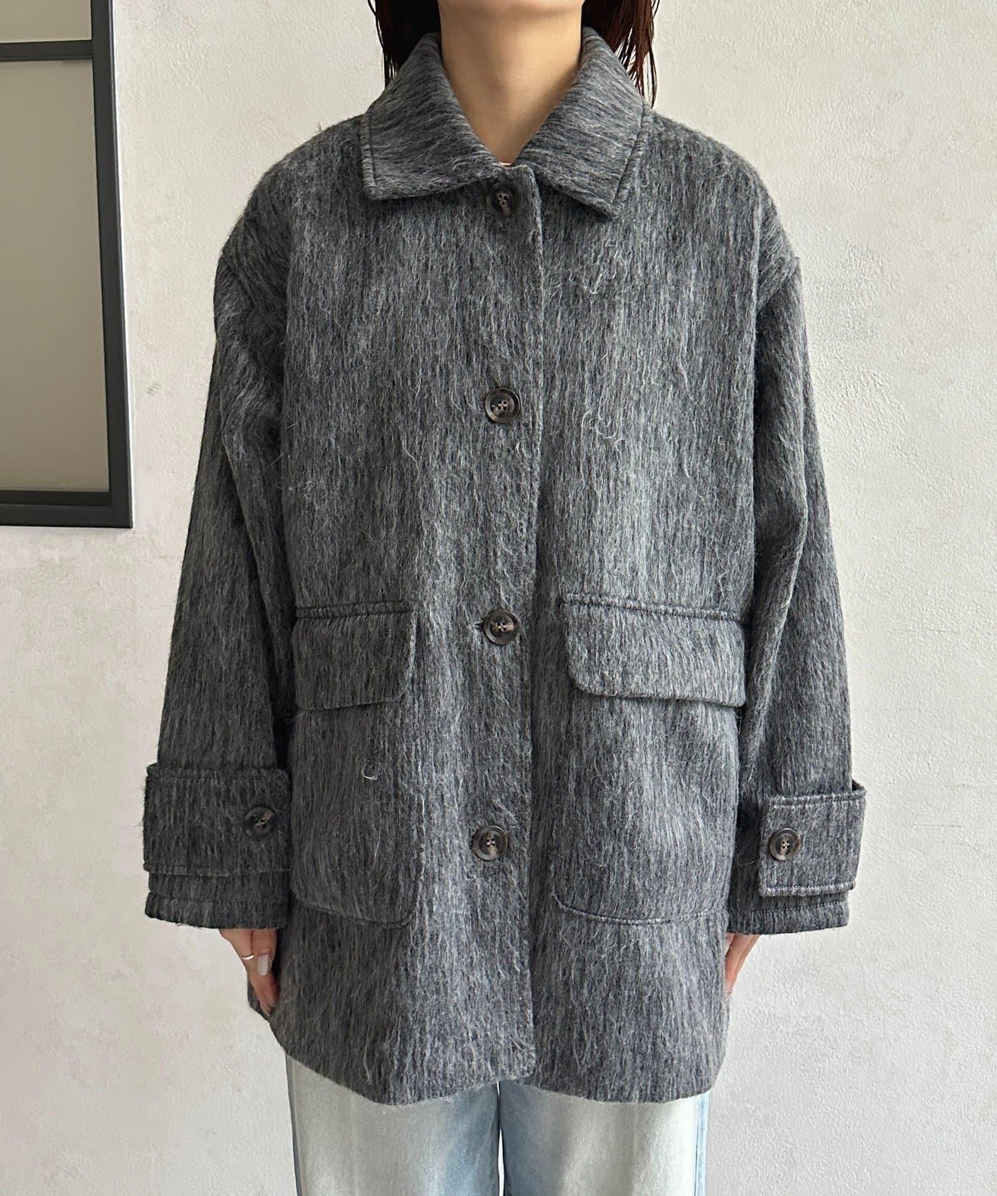 翻領長毛中長款大衣