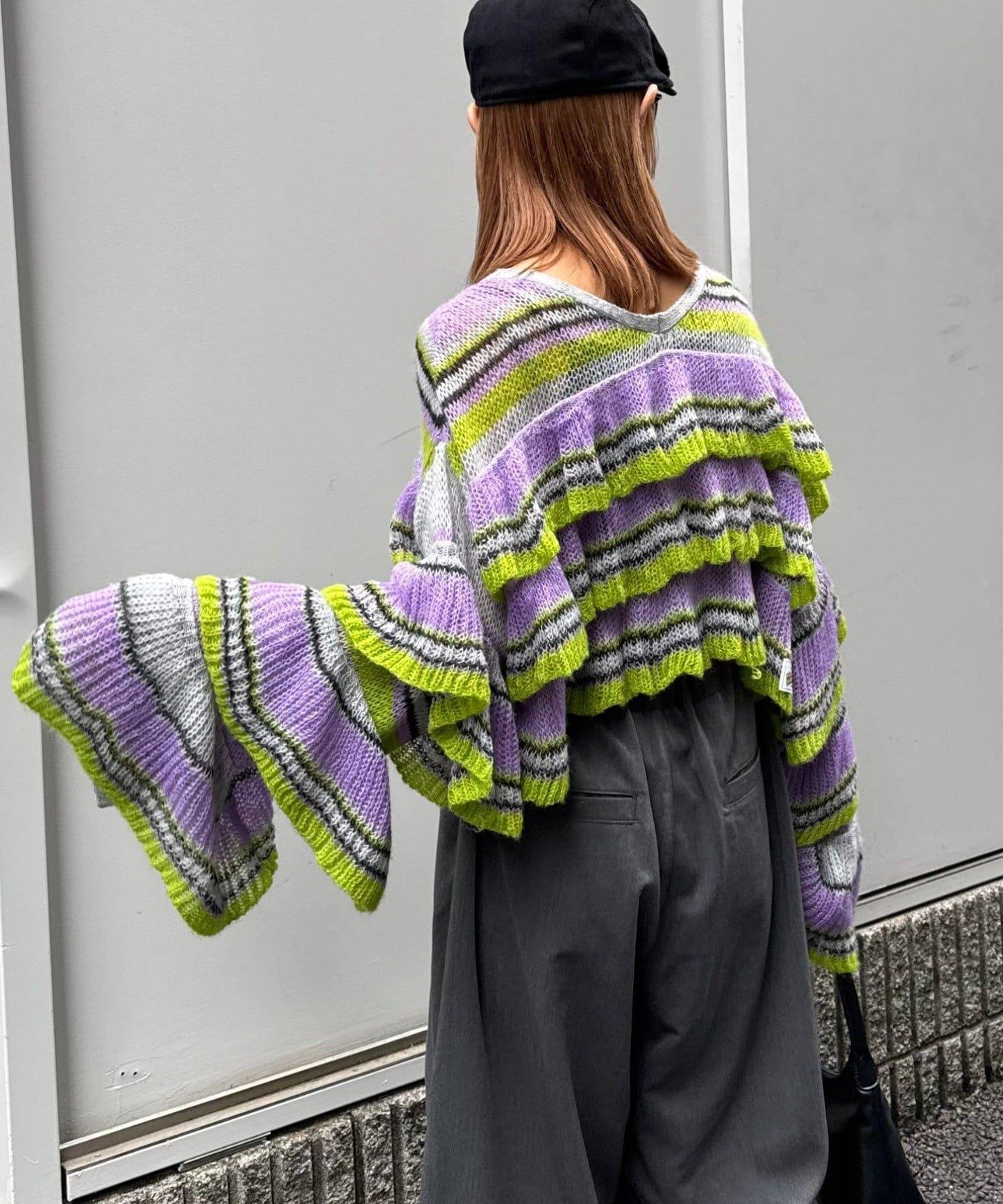 ★【HELLO.SANFRANCISCO/ハローサンフランシスコ】多色條紋透視荷葉邊針織衫