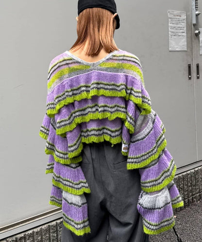 ★【HELLO.SANFRANCISCO/ハローサンフランシスコ】多色條紋透視荷葉邊針織衫