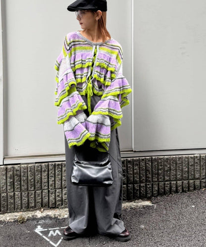 ★【HELLO.SANFRANCISCO/ハローサンフランシスコ】多色條紋透視荷葉邊針織衫