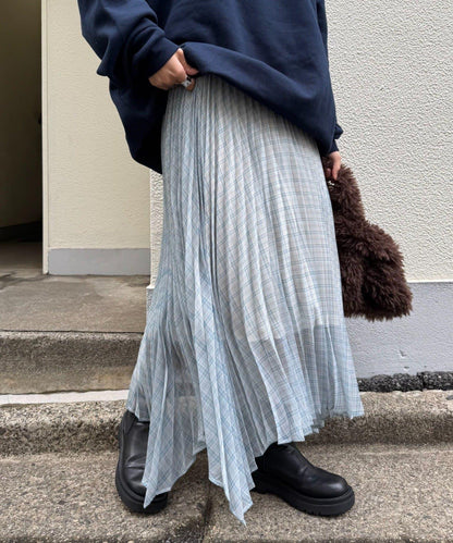 【也可作長款上衣】2WAY不規則下襬百褶格紋裙