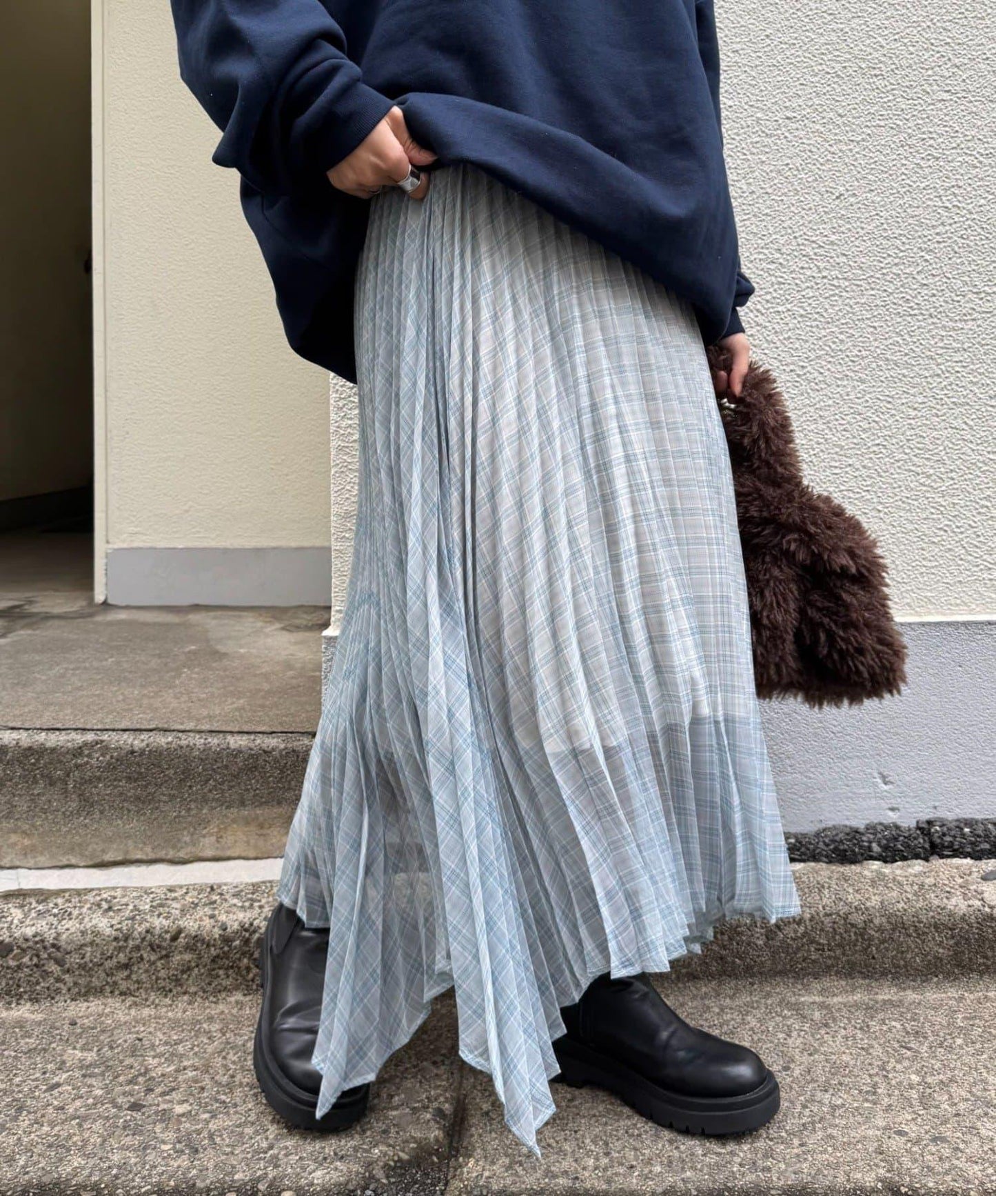 【也可作長款上衣】2WAY不規則下襬百褶格紋裙