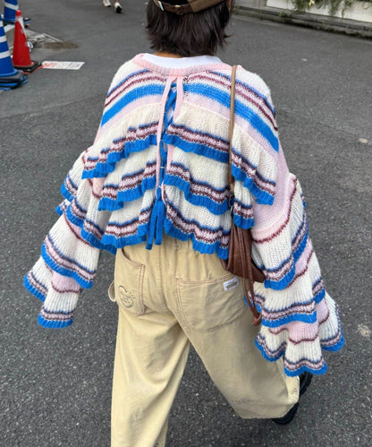 ★【HELLO.SANFRANCISCO/ハローサンフランシスコ】多色條紋透視荷葉邊針織衫