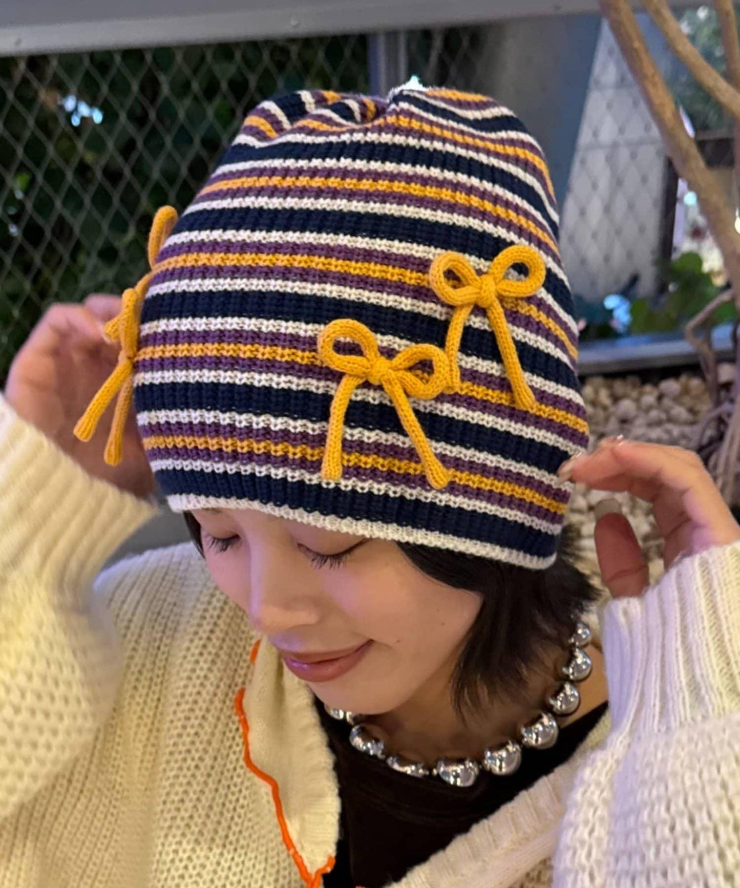 ★【HELLO.SANFRANCISCO/ハローサンフランシスコ】リボン付マルチボーダービーニー帽