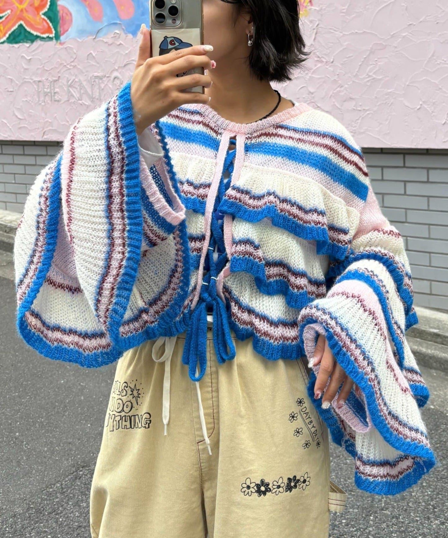 ★【HELLO.SANFRANCISCO/ハローサンフランシスコ】多色條紋透視荷葉邊針織衫