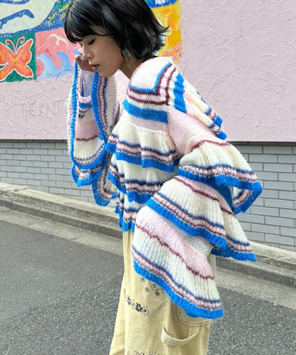 ★【HELLO.SANFRANCISCO/ハローサンフランシスコ】多色條紋透視荷葉邊針織衫