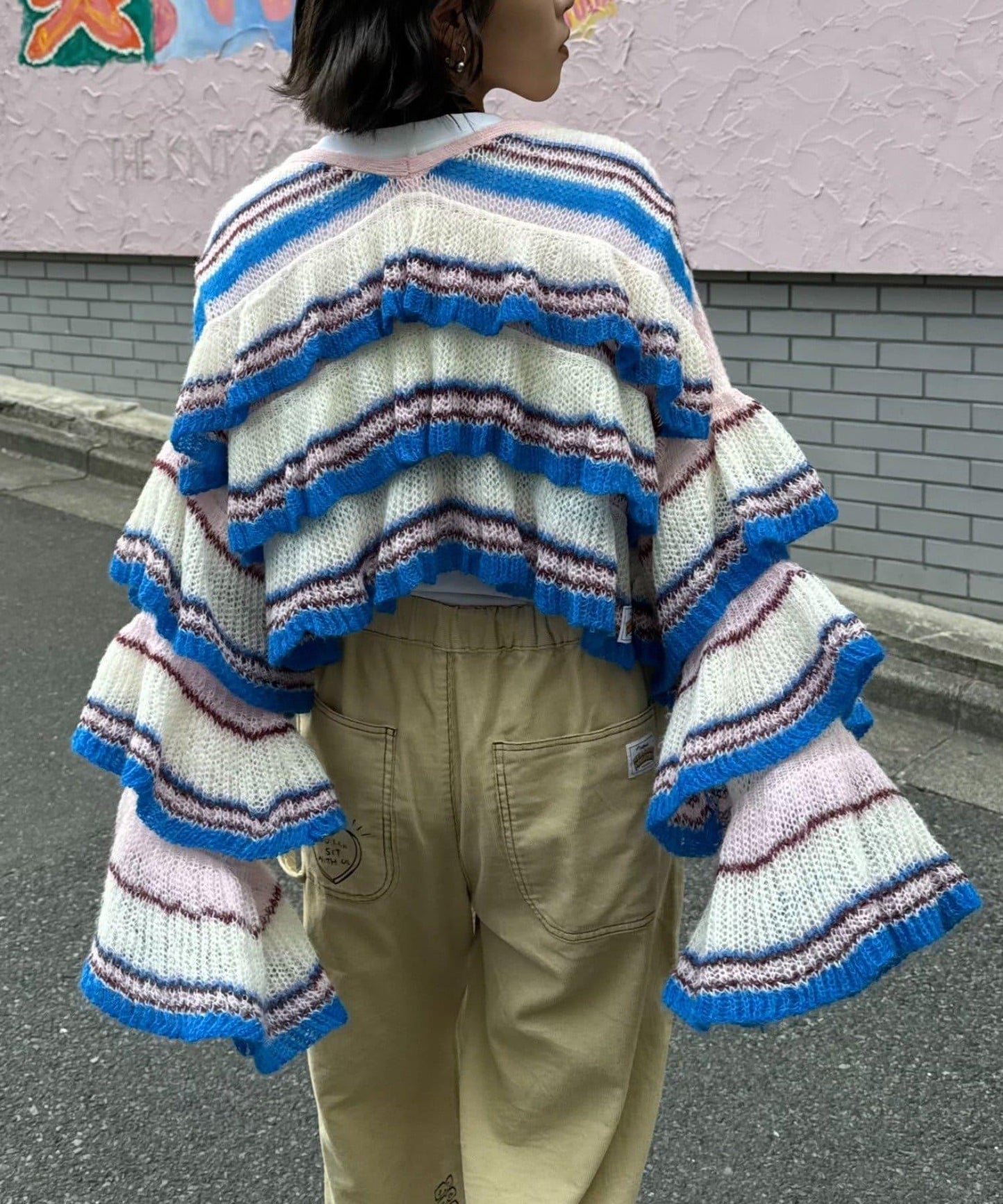 ★【HELLO.SANFRANCISCO/ハローサンフランシスコ】多色條紋透視荷葉邊針織衫