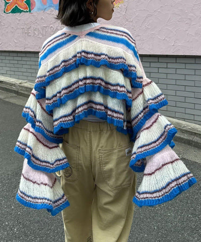 ★【HELLO.SANFRANCISCO/ハローサンフランシスコ】多色條紋透視荷葉邊針織衫