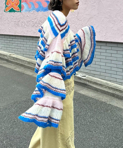 ★【HELLO.SANFRANCISCO/ハローサンフランシスコ】多色條紋透視荷葉邊針織衫