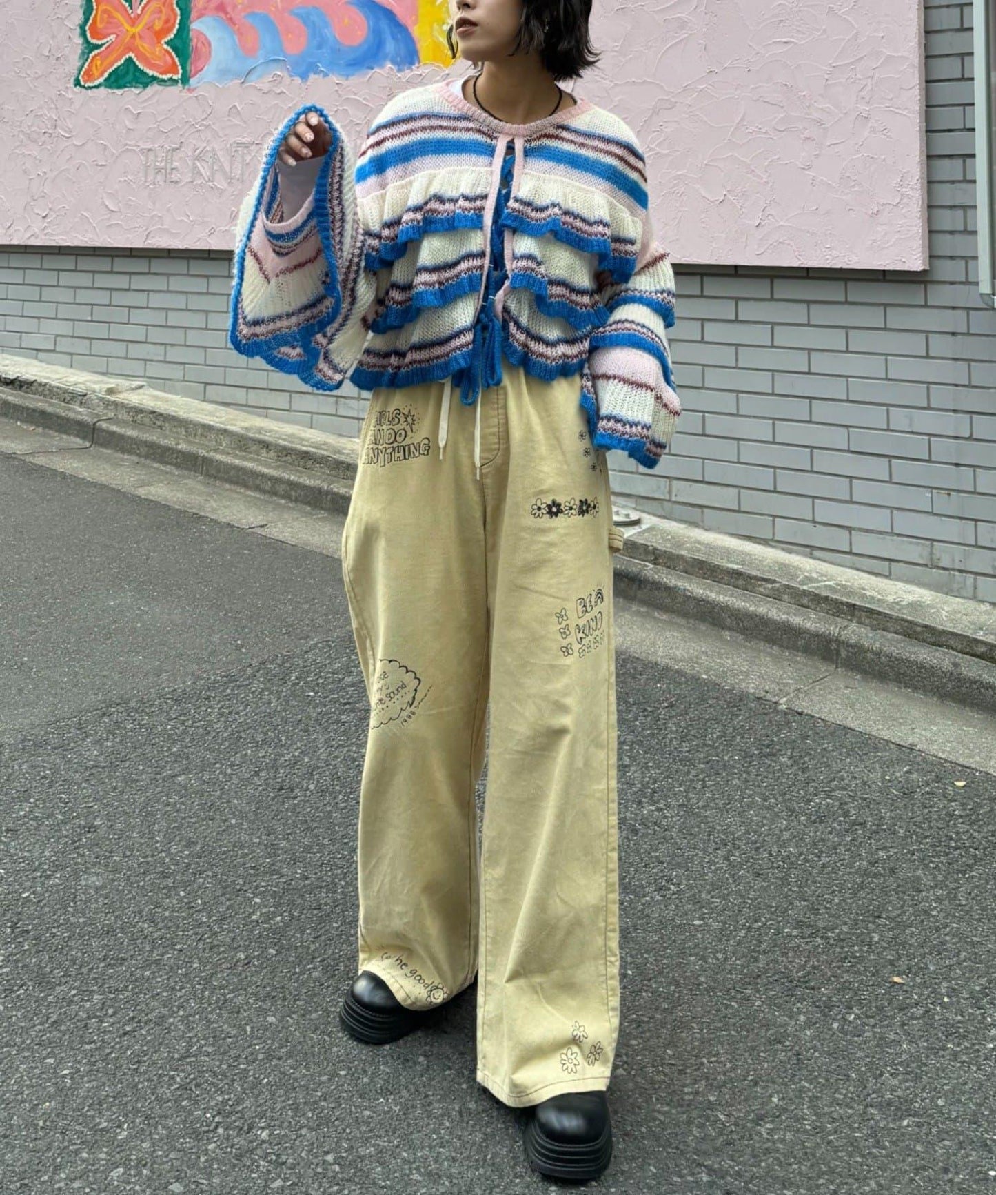 ★【HELLO.SANFRANCISCO/ハローサンフランシスコ】多色條紋透視荷葉邊針織衫