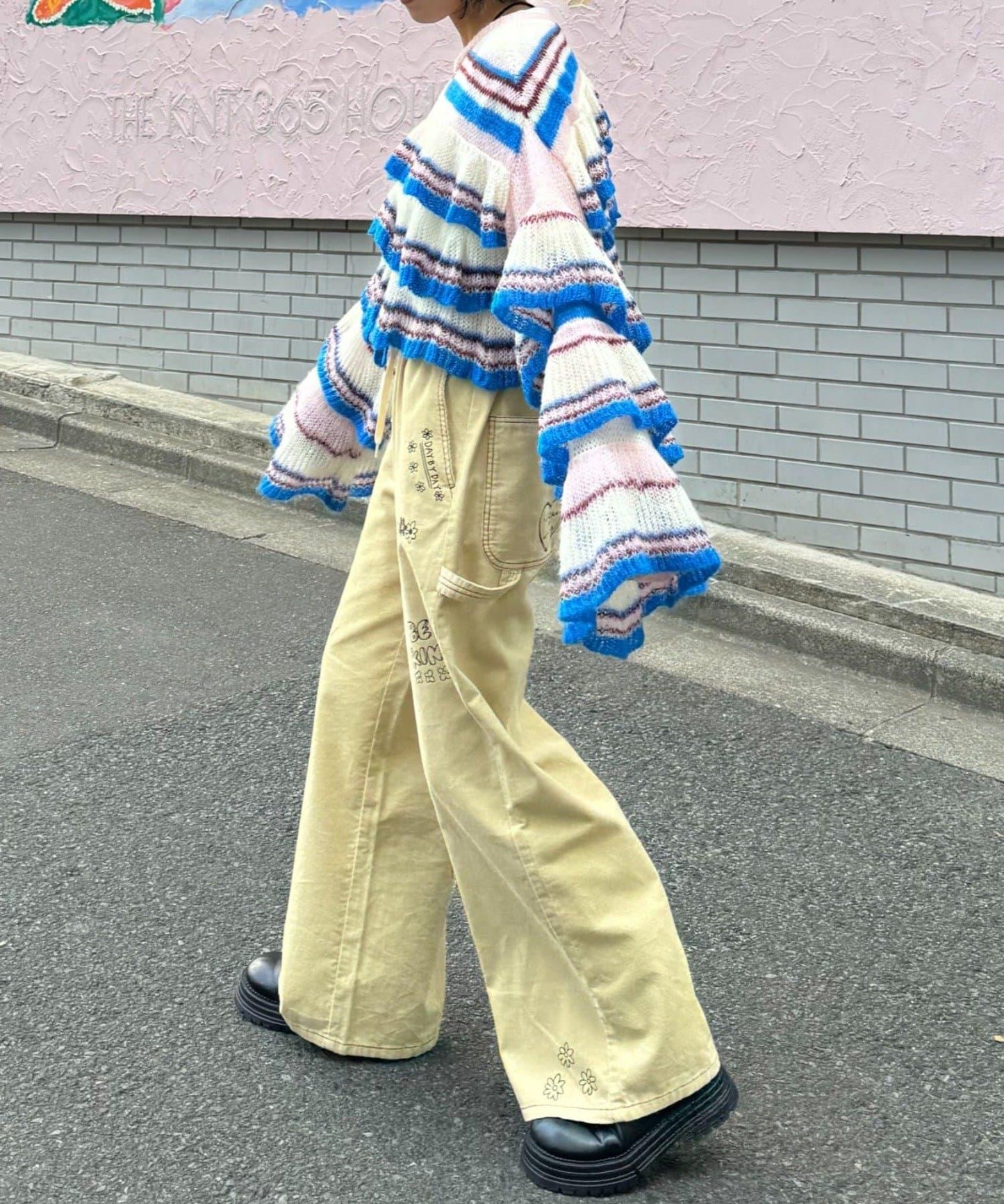 ★【HELLO.SANFRANCISCO/ハローサンフランシスコ】多色條紋透視荷葉邊針織衫