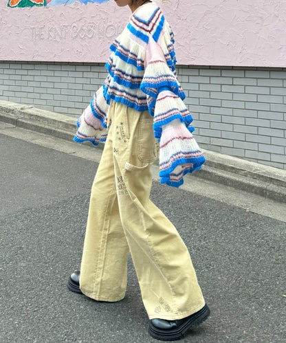 ★【HELLO.SANFRANCISCO/ハローサンフランシスコ】多色條紋透視荷葉邊針織衫