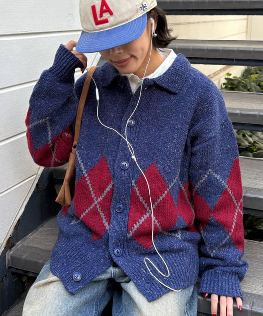 【UNISEX】菱格紋拼色領口雜色針織開衫