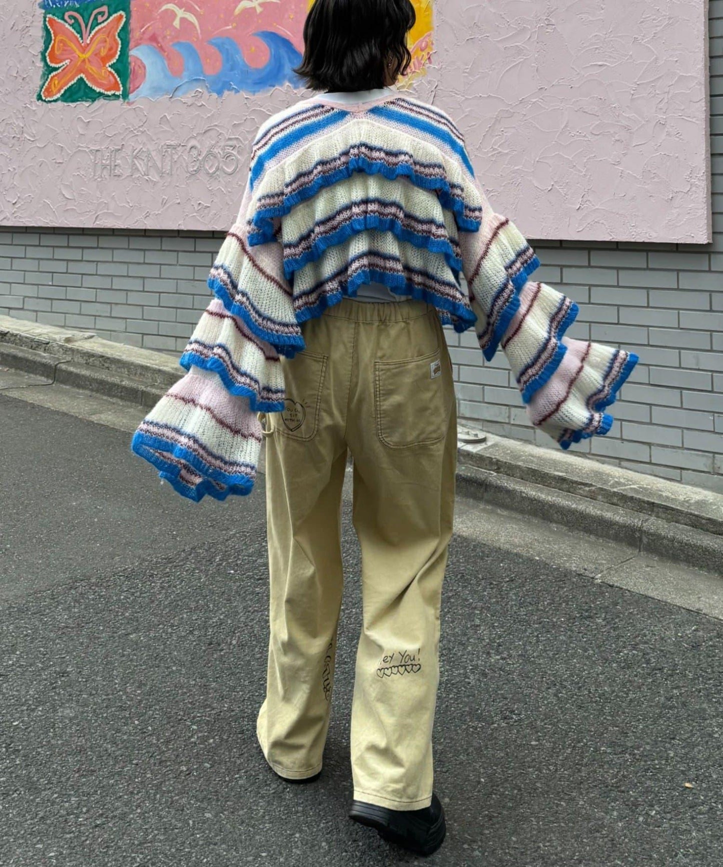 ★【HELLO.SANFRANCISCO/ハローサンフランシスコ】多色條紋透視荷葉邊針織衫