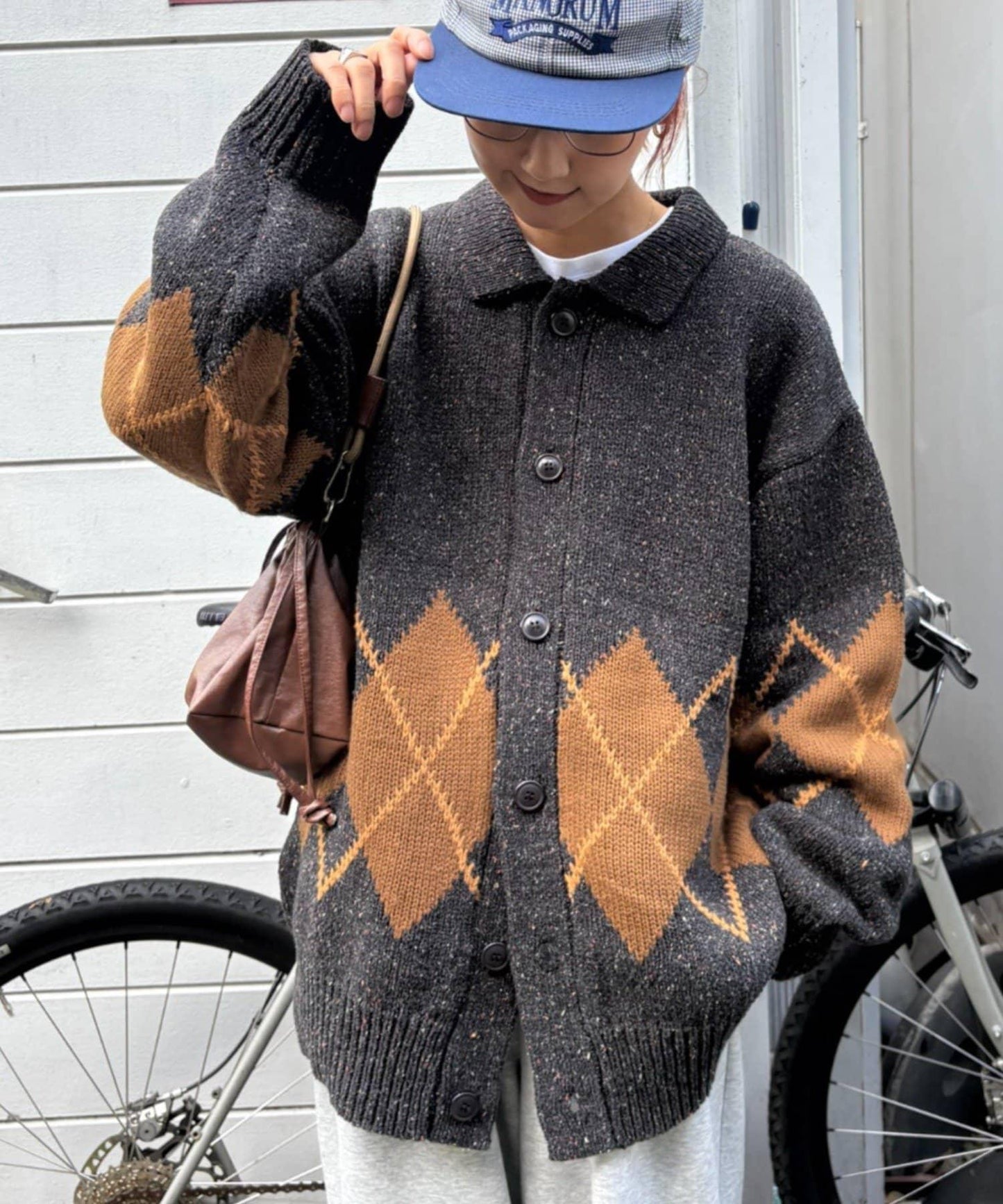 【UNISEX】菱格紋拼色領口雜色針織開衫