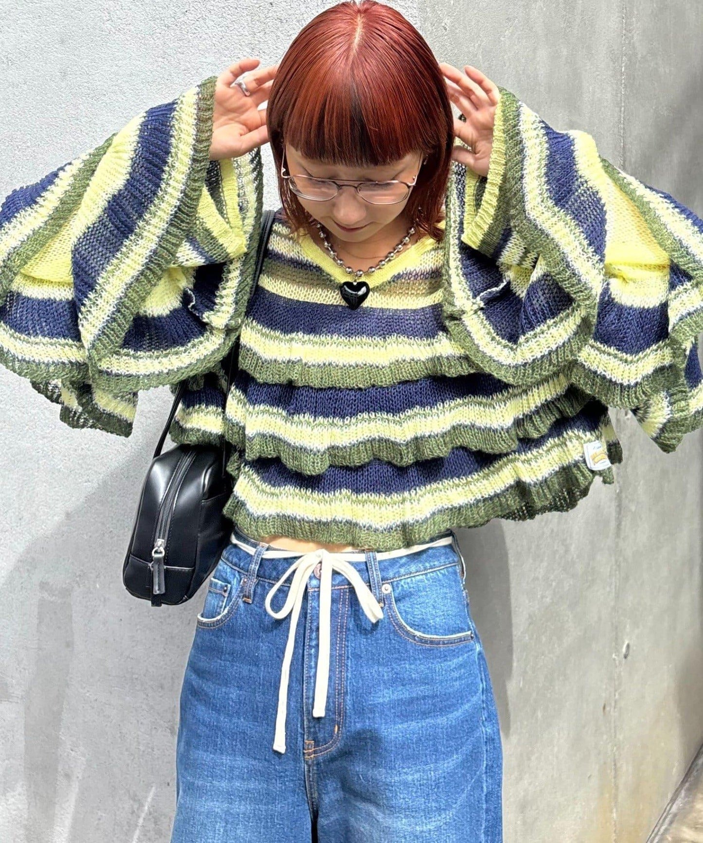 ★【HELLO.SANFRANCISCO/ハローサンフランシスコ】多色條紋透視荷葉邊針織衫