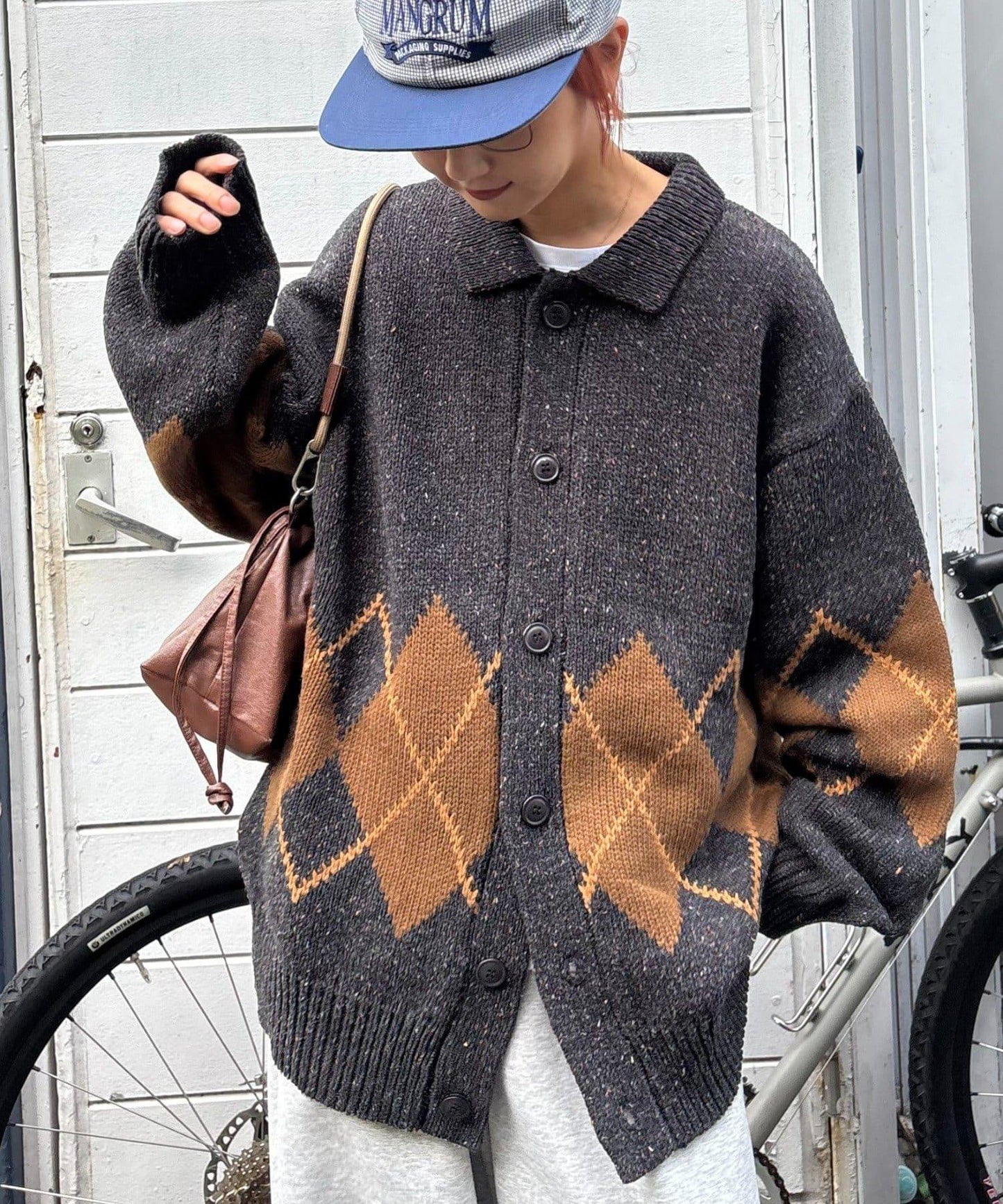 【UNISEX】菱格紋拼色領口雜色針織開衫