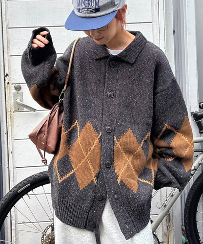 【UNISEX】菱格紋拼色領口雜色針織開衫