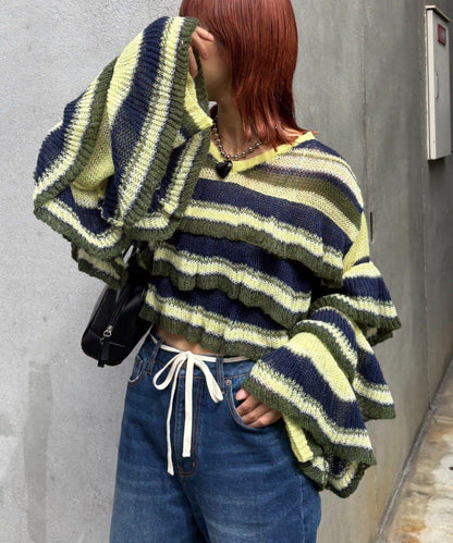 ★【HELLO.SANFRANCISCO/ハローサンフランシスコ】多色條紋透視荷葉邊針織衫