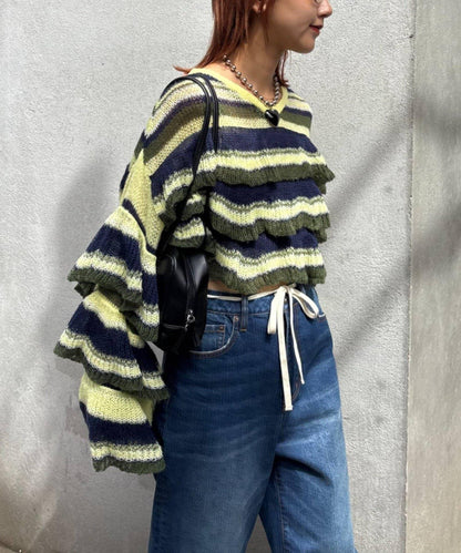 ★【HELLO.SANFRANCISCO/ハローサンフランシスコ】多色條紋透視荷葉邊針織衫