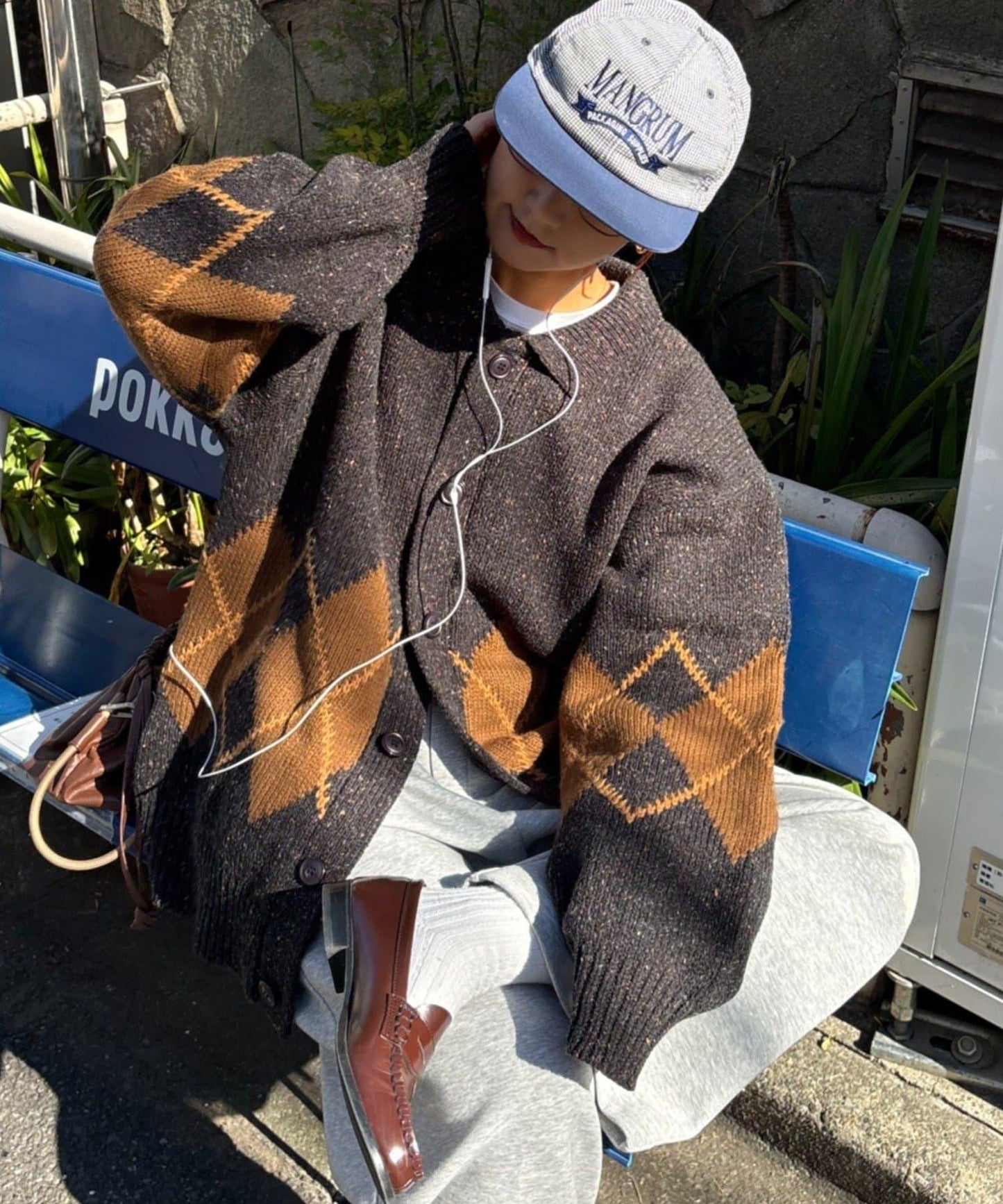 【UNISEX】菱格紋拼色領口雜色針織開衫