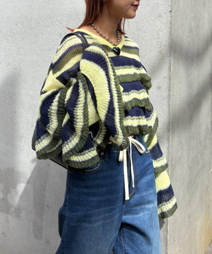 ★【HELLO.SANFRANCISCO/ハローサンフランシスコ】多色條紋透視荷葉邊針織衫