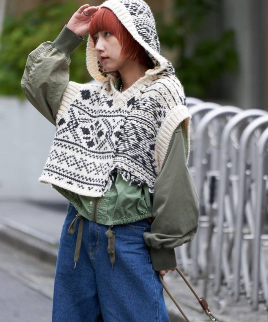 【etsinta/エシンタ】提花拼接短款連帽背心